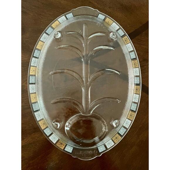 VINTAGE MCM Inland Glass ATOMIC STAR GLASS OVAL PLATTER - 1950s Black White Gold - Picture 5 of 6